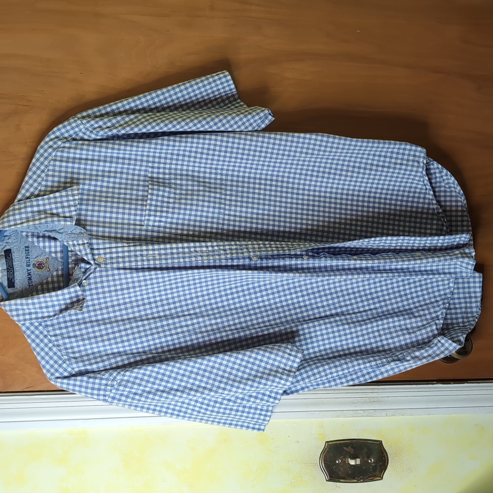 90s Tommy Hilfiger Blue and White Plaid Men's Button Up Shirt 2XL Vintage
